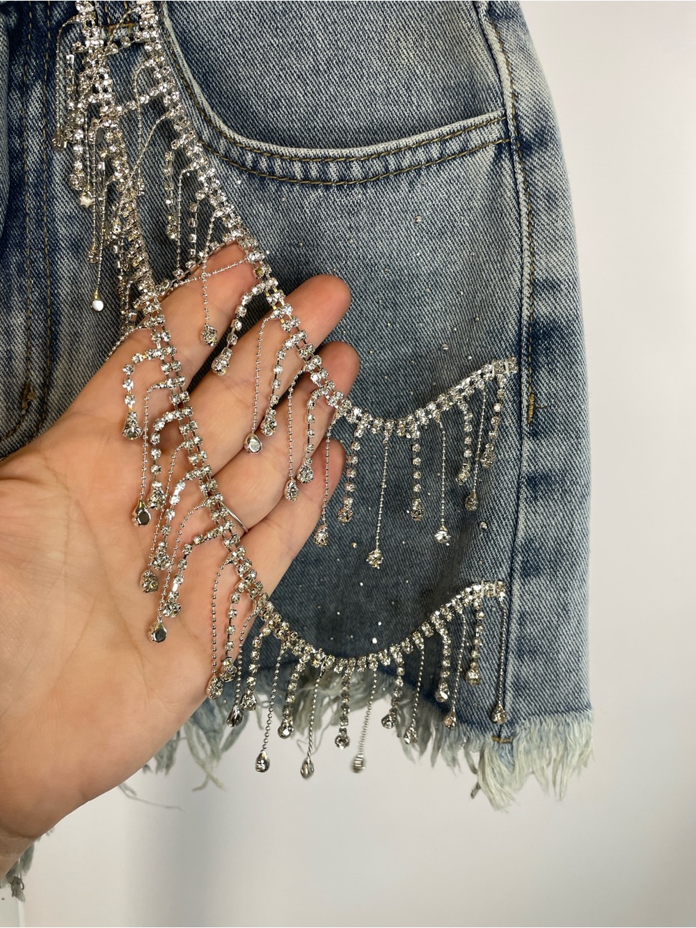 12th Tribe | Love Thing Rhinestone Fringe Denim Cutoff Shorts Size XS - Picture 5 of 9